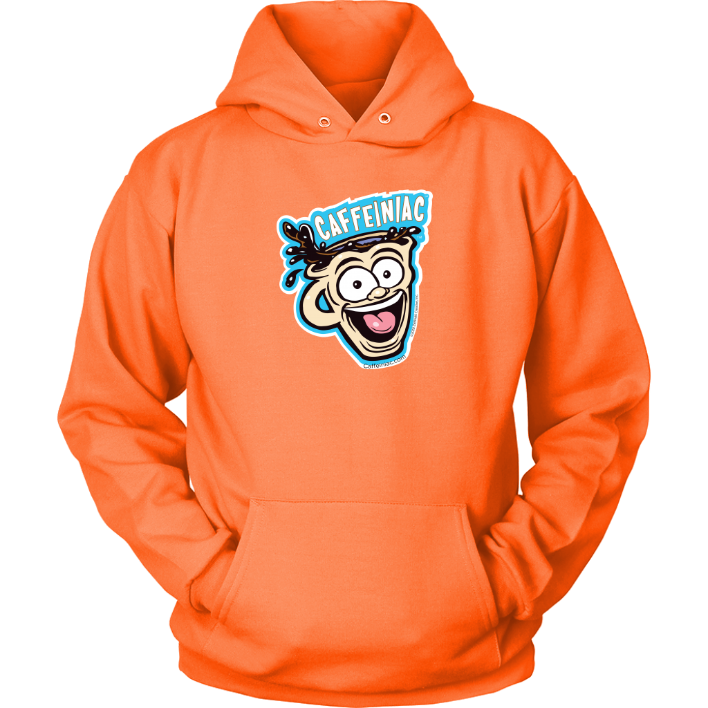 Front view of an orange unisex Hoodie featuring the original Caffeiniac Dude cup design on the front