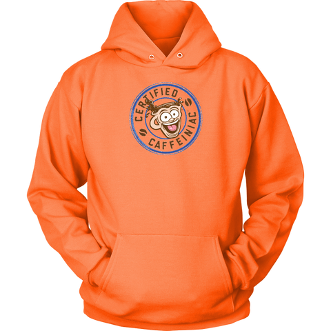 Image of front view of a bright orange unisex hoodie featuring the certified caffeiniac design