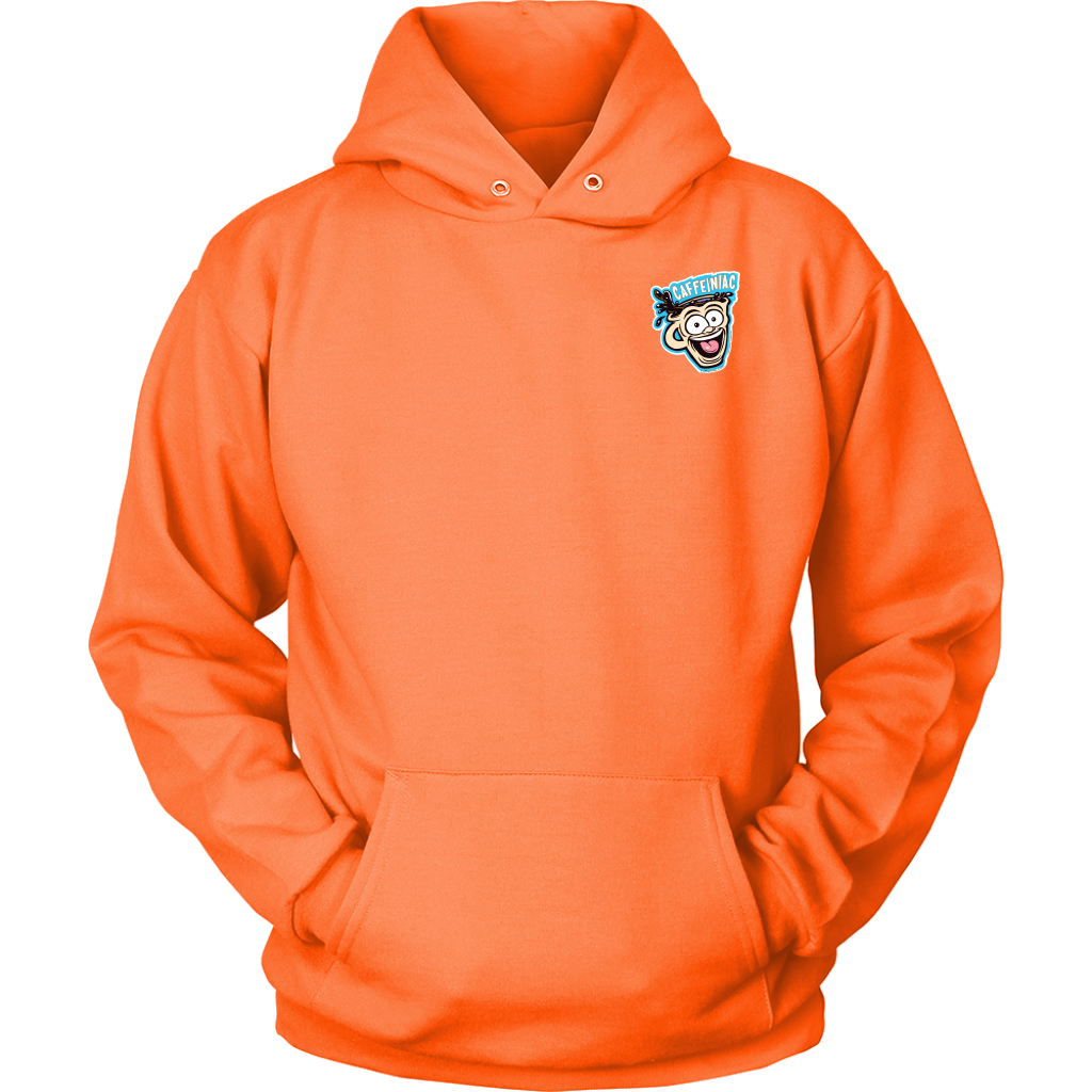 Front view of a bright orange unisex Hoodie featuring the original Caffeiniac Dude design on the front left chest and full size on the back