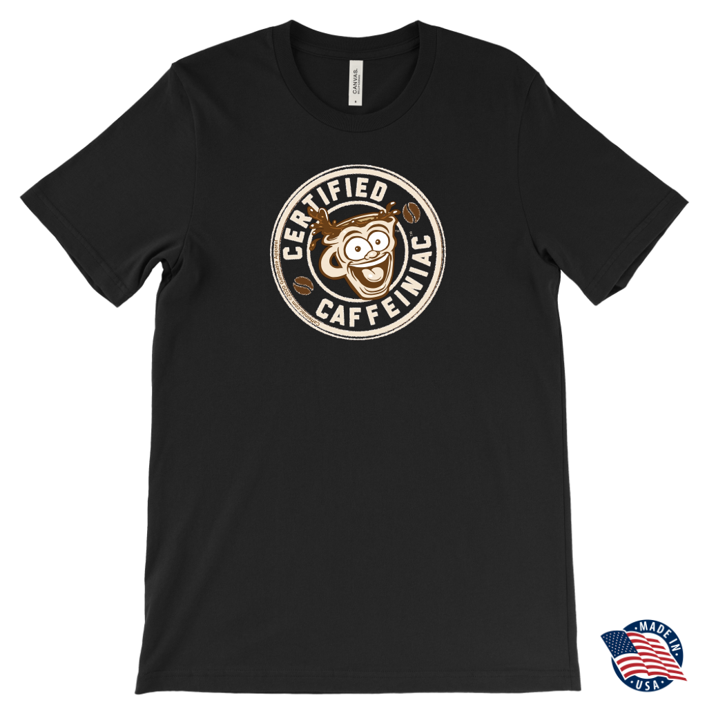 front view of a black Canvas Mens T-Shirt featuring the original Certified Caffeiniac design on the front.