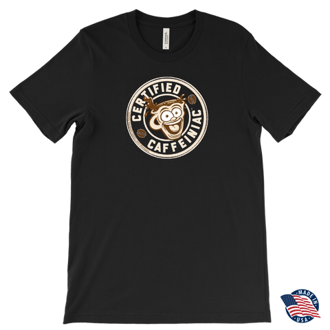 Image of front view of a black Canvas Mens T-Shirt featuring the original Certified Caffeiniac design on the front.