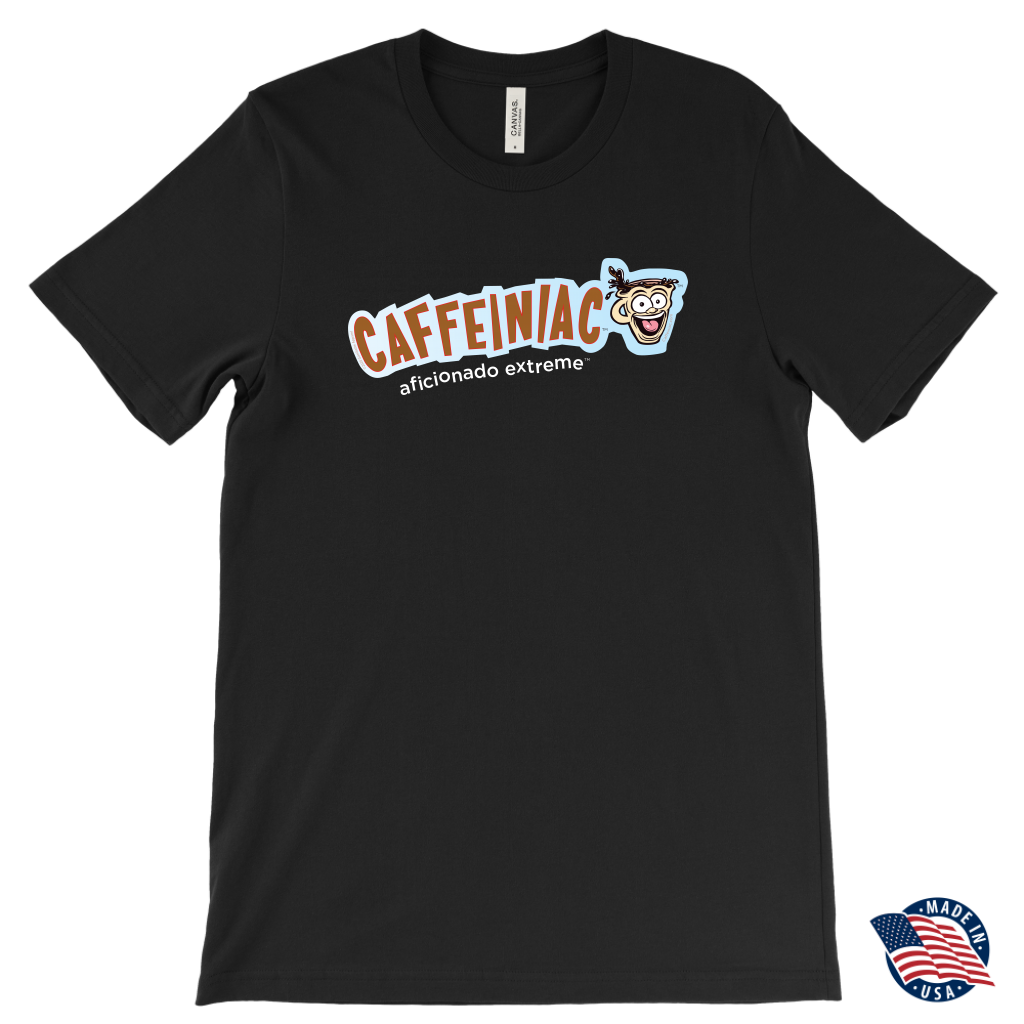 front view of a dark grey t-shirt made in the USA featuring the Caffeiniac aficionado extreme design on the front