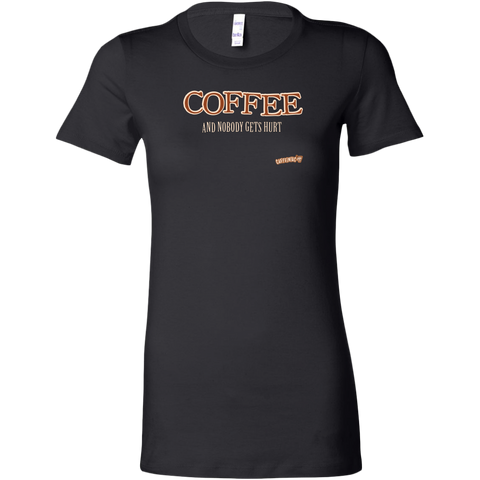 Image of front view of a womans black shirt featuring the Caffeiniac design "Coffee and nobody gets hurt" on the front