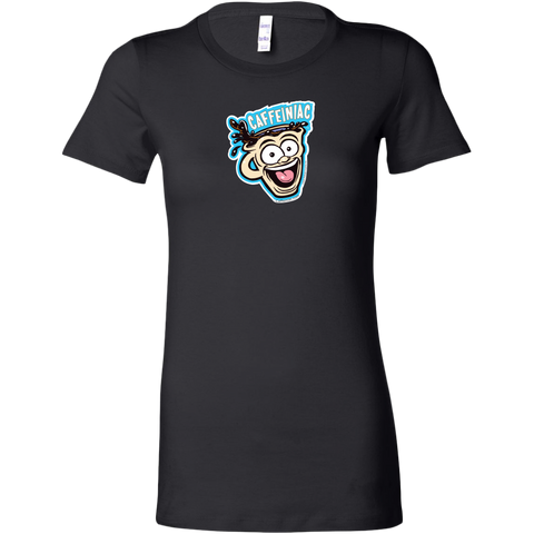 Image of front view of a black short sleeve shirt featuring the original Caffeiniac dude cup design on the front