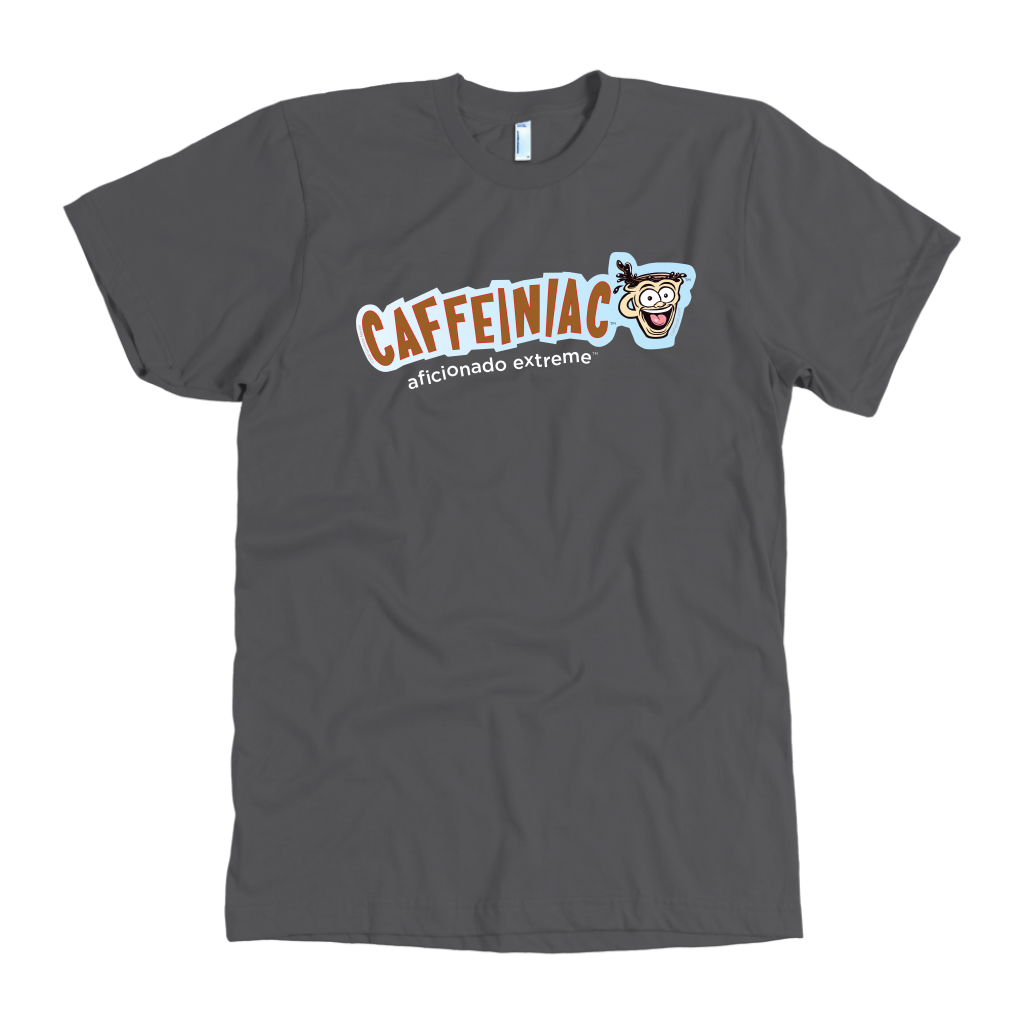 front view of a grey t-shirt with the Caffeiniac aficionado extreme design