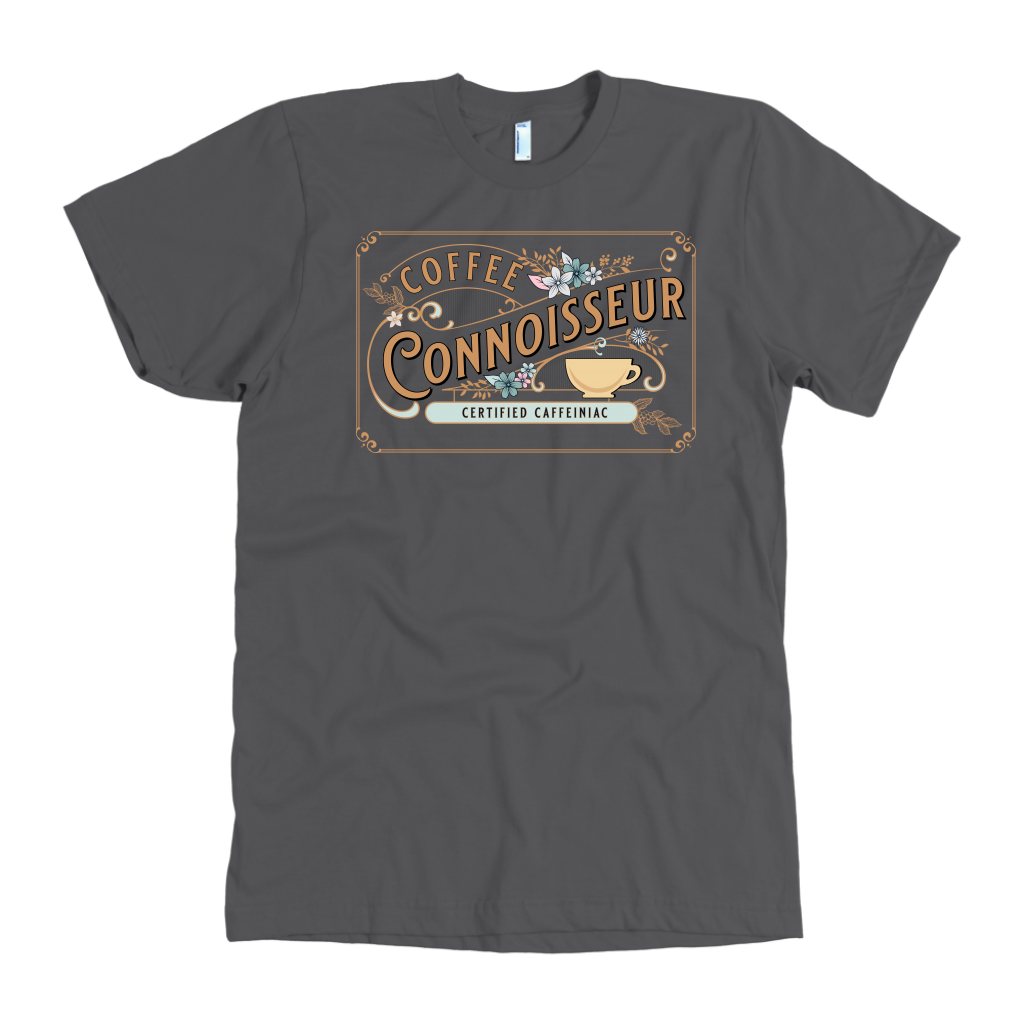 the front view of a man's vintage grey t-shirt with the Coffee Connoisseur design by Caffeiniac
