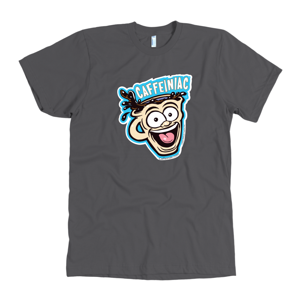 front view of a dark grey mens t-shirt featuring the original Caffeiniac dude cup design