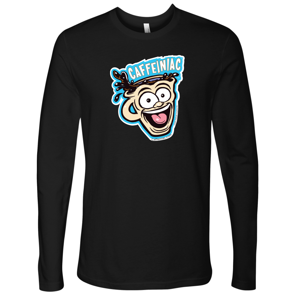 front view of a black Next Level Mens Long Sleeve T-Shirt featuring the original Caffeiniac Dude cup design on the front