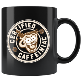 a black coffee mug featuring the Certified Caffeiniac design in tan and brown printed on the front and back