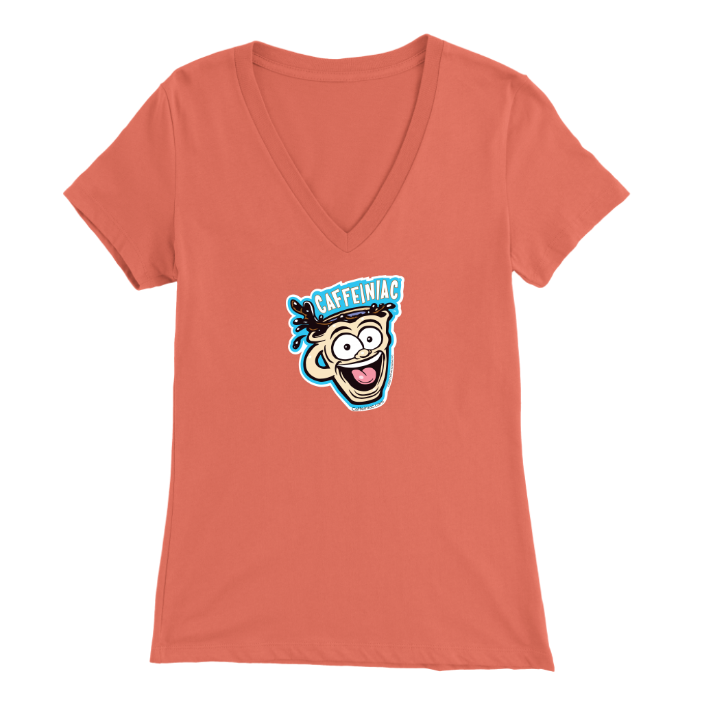 Front view of a coral colored womens v-neck light blue shirt featuring the original Caffeiniac Dude cup design on the front