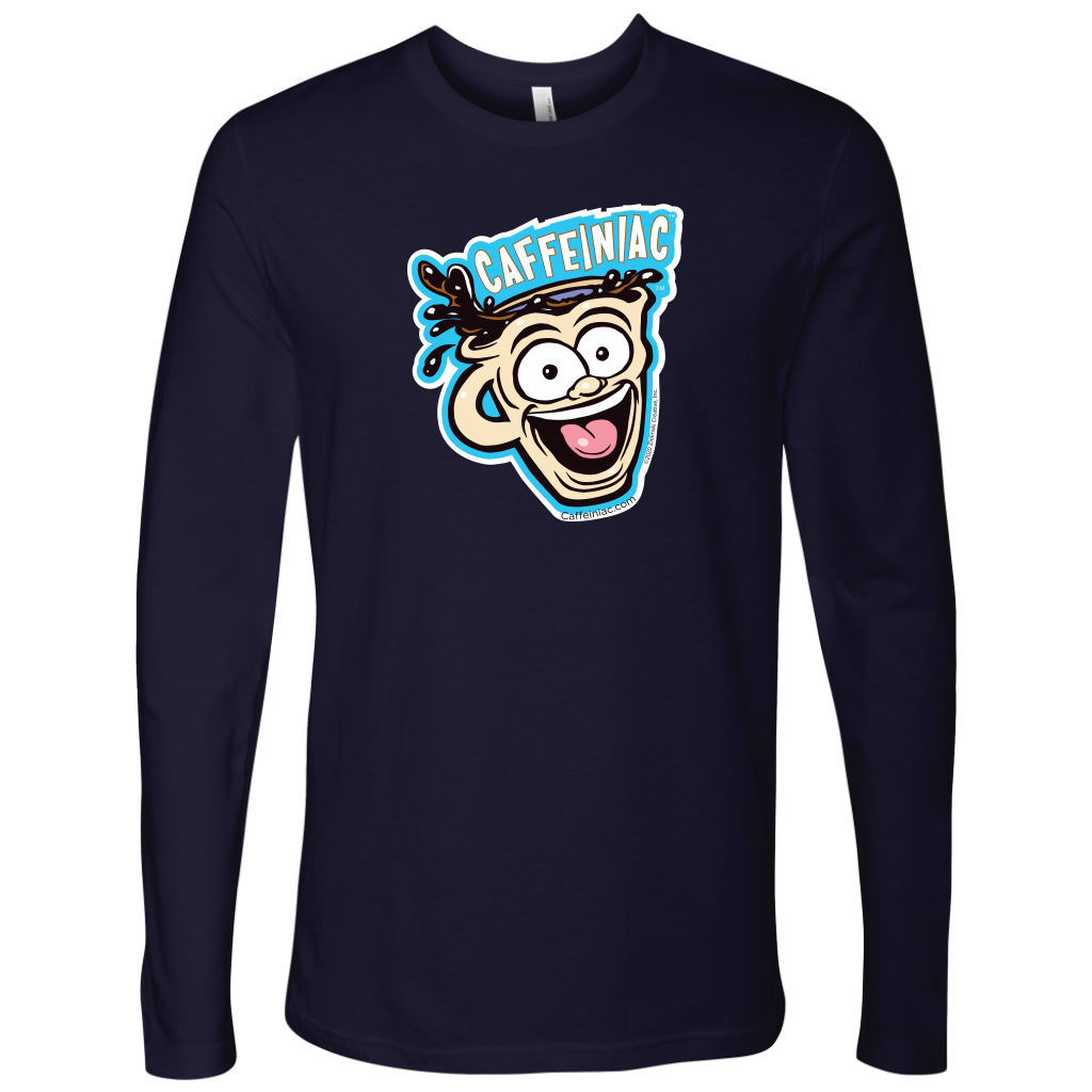 front view of a dark purple Next Level Mens Long Sleeve T-Shirt featuring the original Caffeiniac Dude cup design on the front