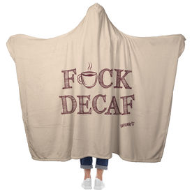 woman standing holding her arms out to show the fullback view of a luxurious hooded blanket featuring the Caffeiniac design F_CK DECAF