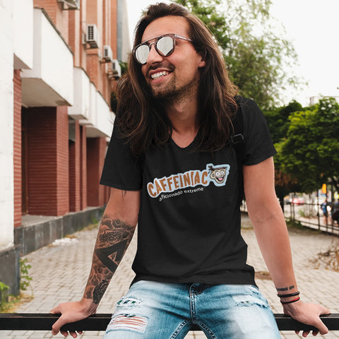 Image of long haired tattooed man wearing a black t-shirt with the Caffeiniac aficionado extreme design on the ftont