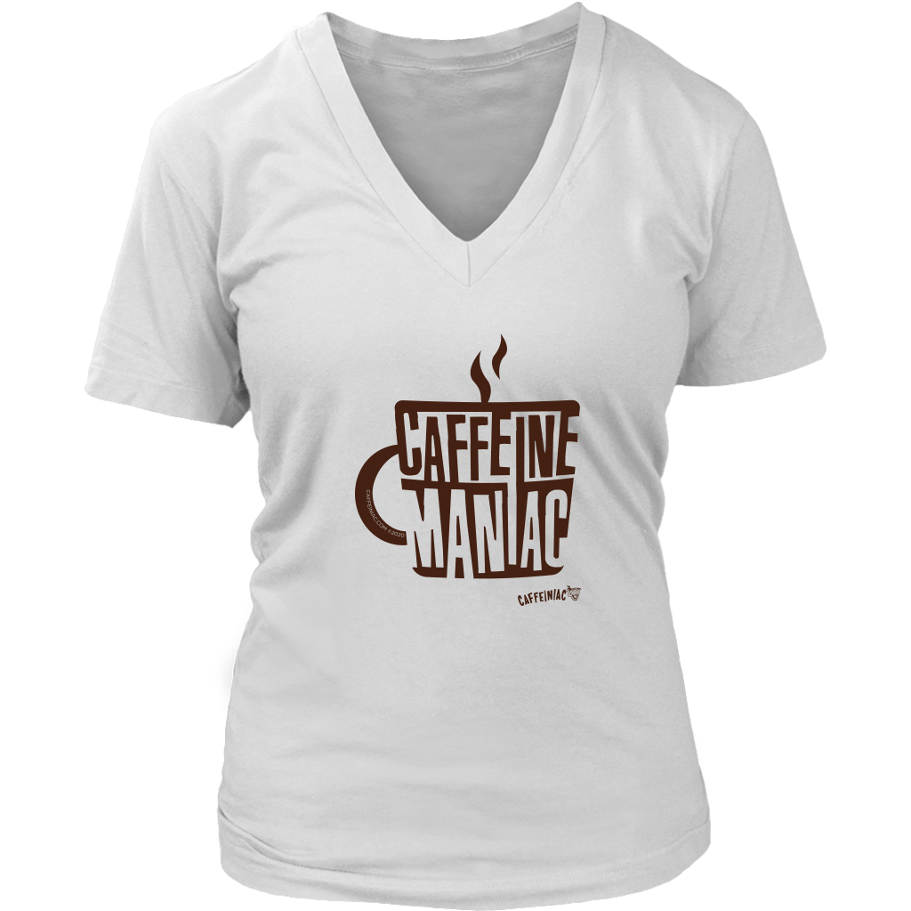 a white v-neck featuring the original coffee lover's design "Caffeine Maniac" by Caffeiniac on the front.