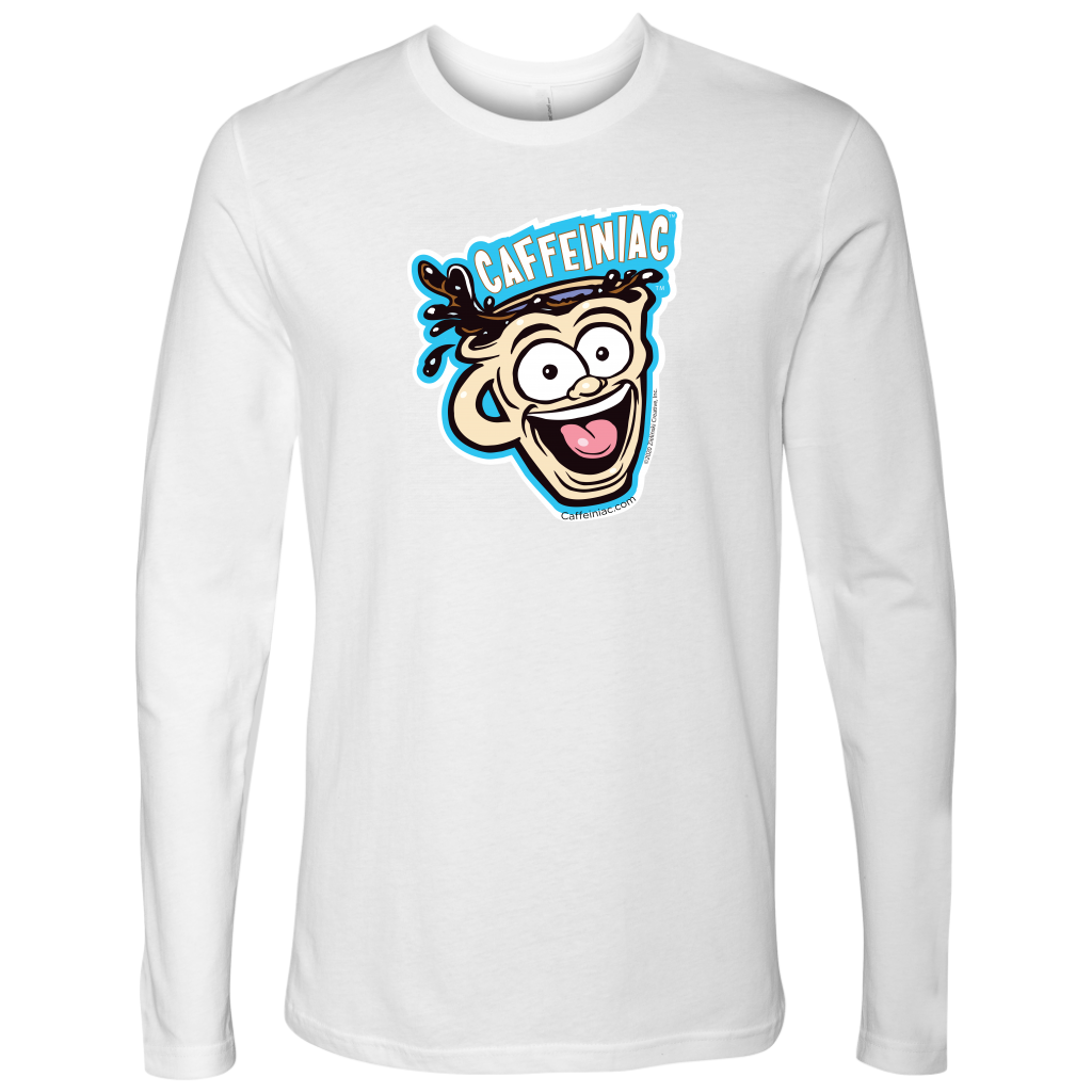 front view of a white Next Level Mens Long Sleeve T-Shirt featuring the original Caffeiniac Dude cup design on the front