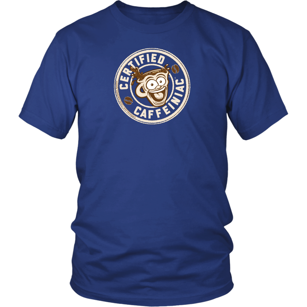 Front view of a men’s blue shirt featuring the Certified Caffeiniac design in tan ink on the front