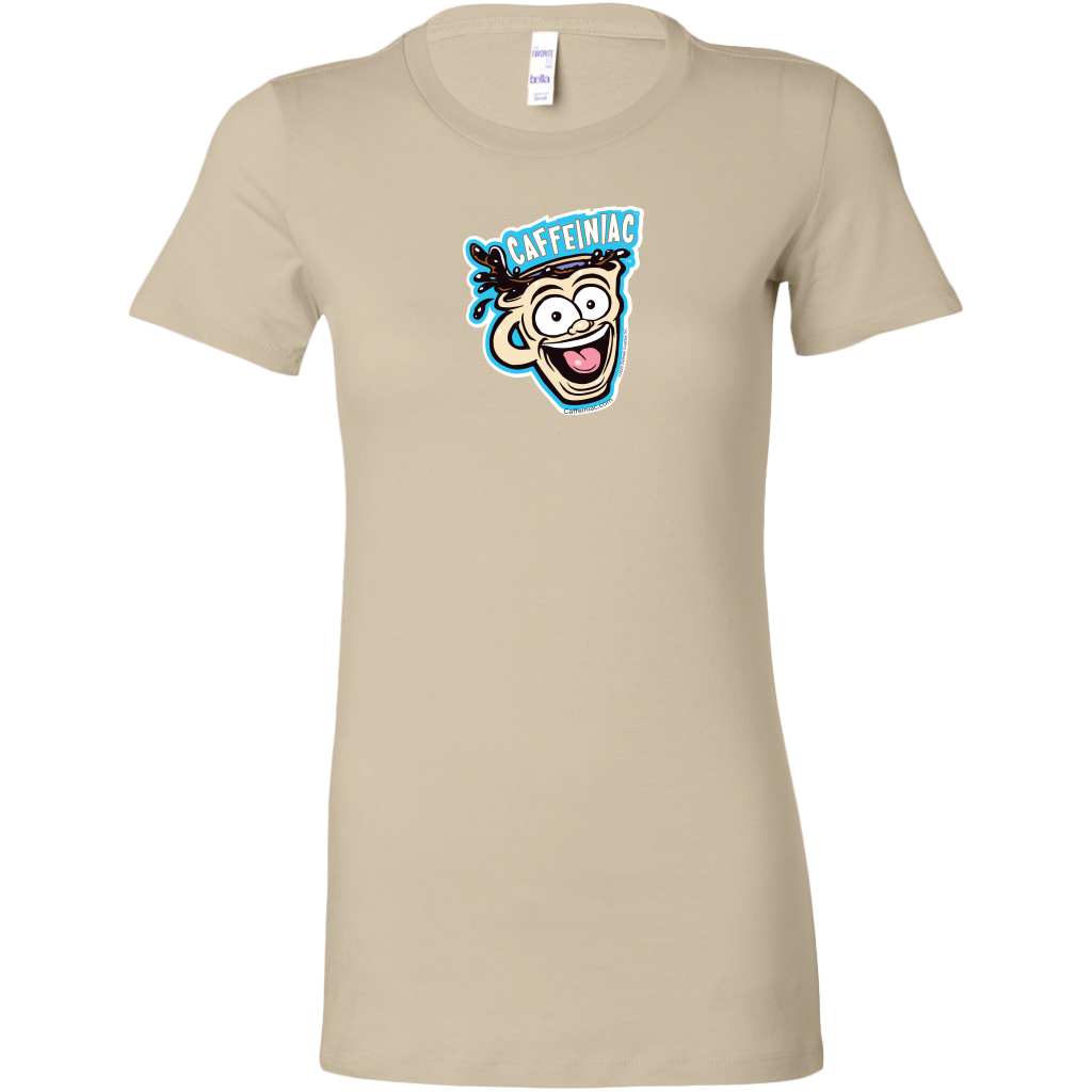 front view of a tan short sleeve womens  shirt featuring the original Caffeiniac dude cup design on the front