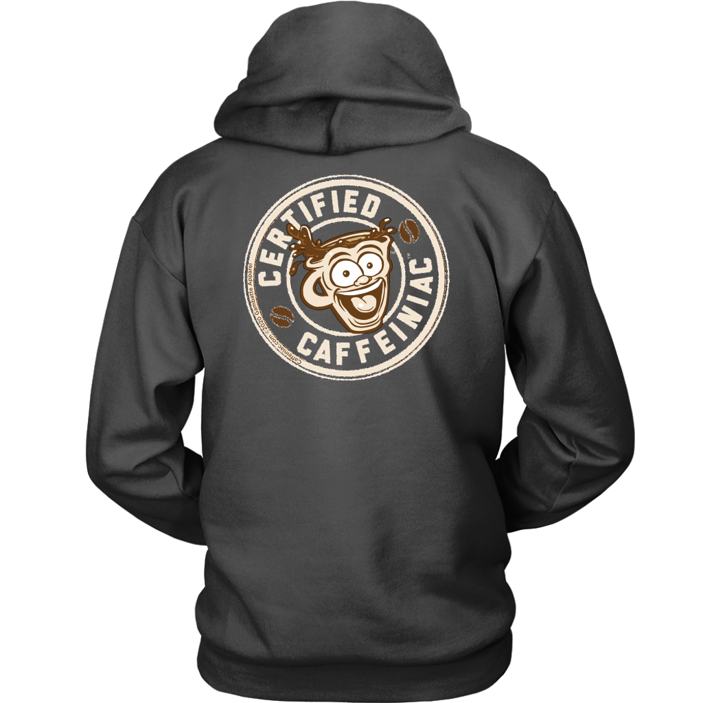 back view of a black hoodie with the Certified Caffeiniac design full size in tan ink
