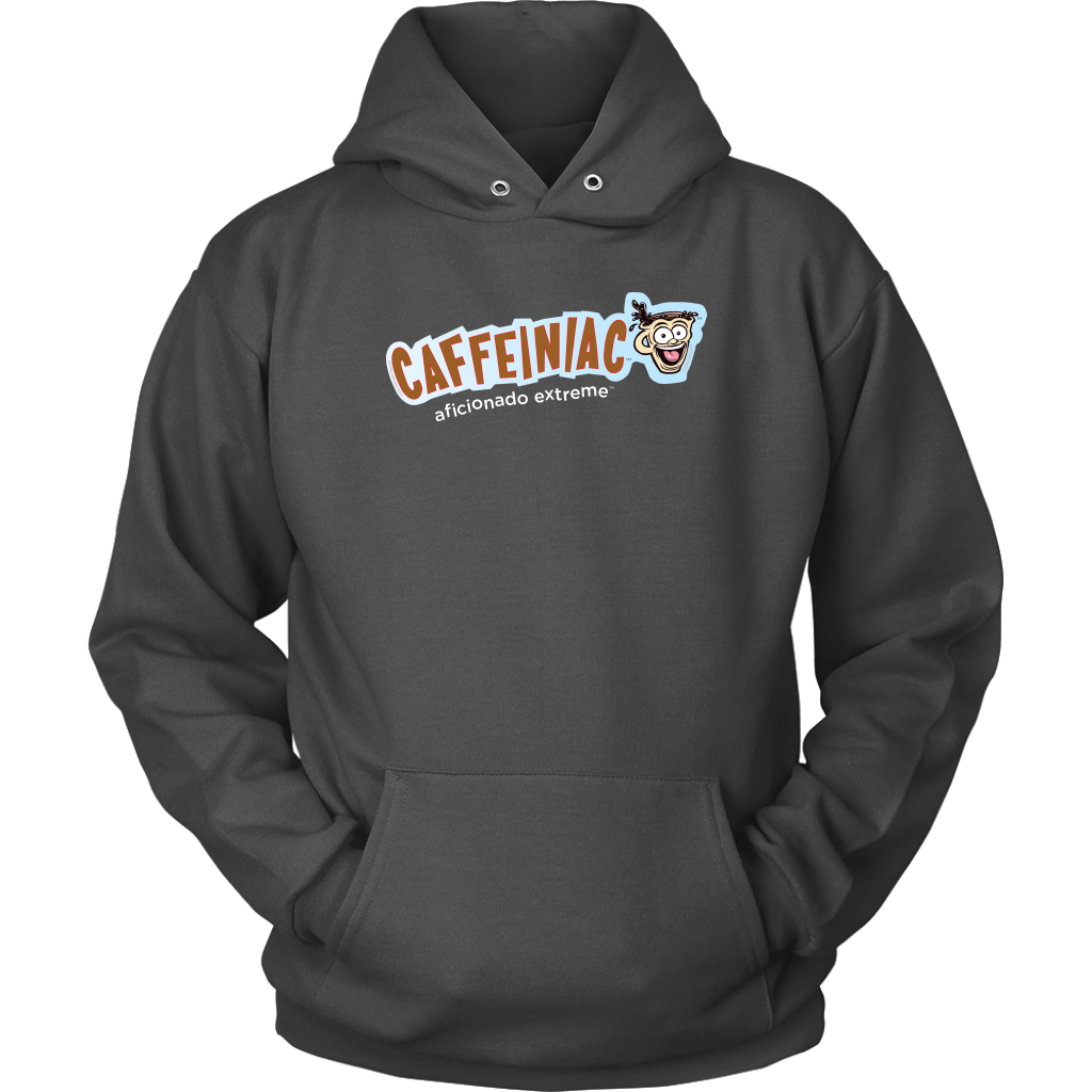 front view of a grey unisex hoodie featuring the caffeiniac aficionado extreme design on the front