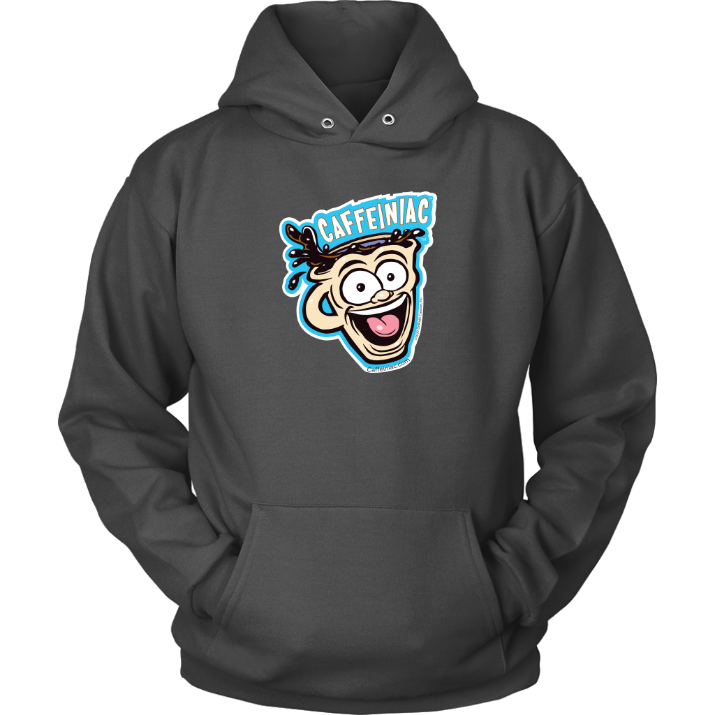 Front view of a grey unisex Hoodie featuring the original Caffeiniac Dude cup design on the front