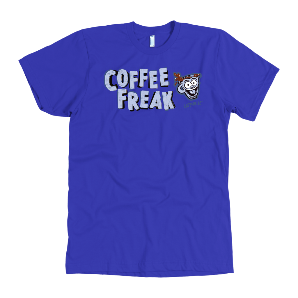 front view of a men's  royal blue Caffeiniac t-shirt featuring the Coffee Freak design