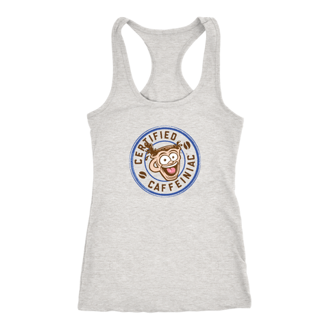 Image of front view of a light grey racerback tank top featuring the Certified Caffeiniac design on the front