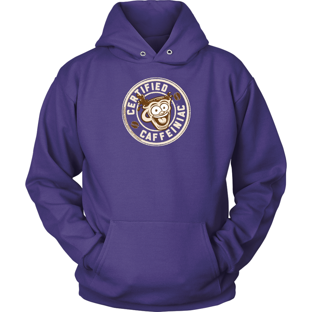 front view of a black purple hoodie with the Certified Caffeiniac design on front in tan ink