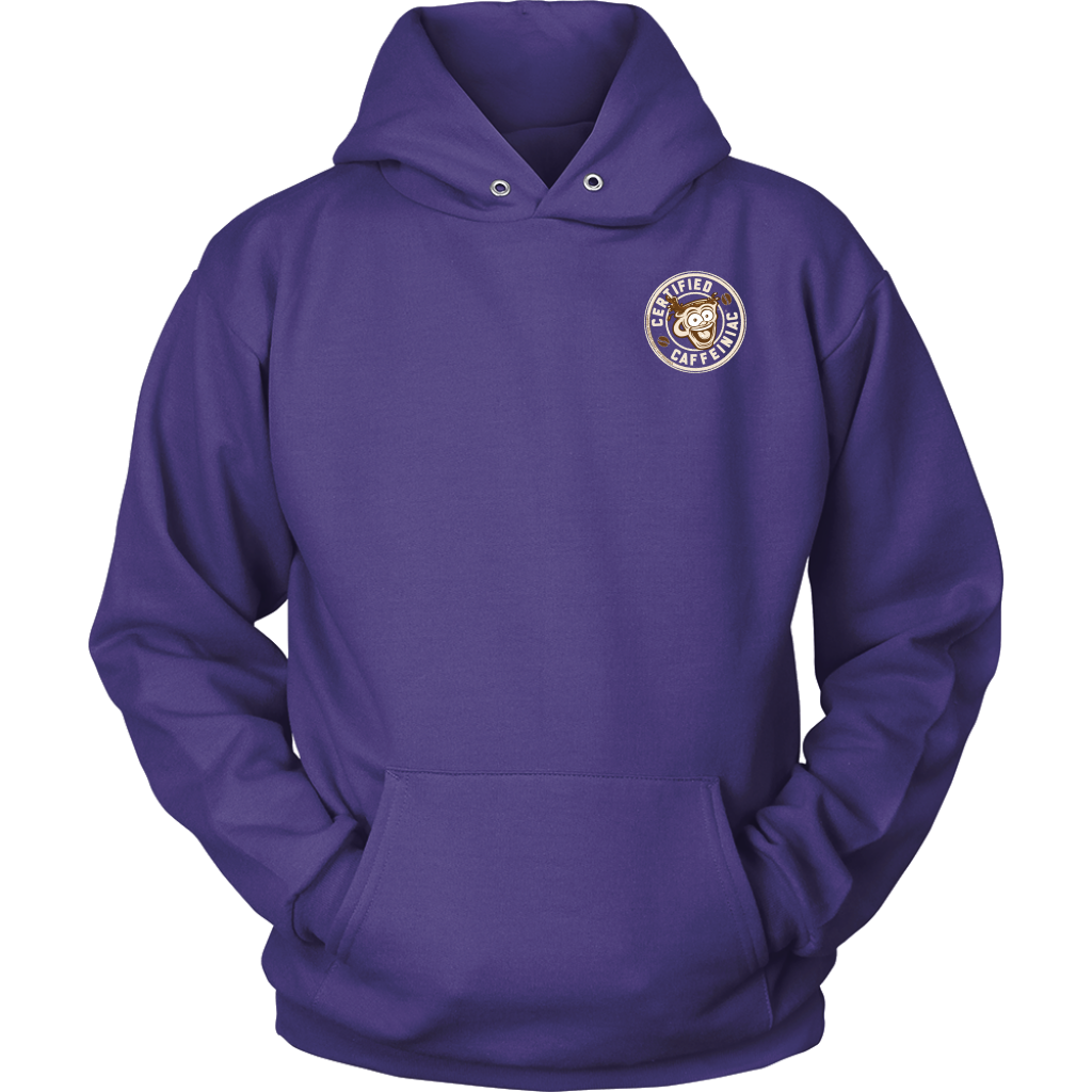 front view of a purple hoodie with the Certified Caffeiniac design on the front left chest