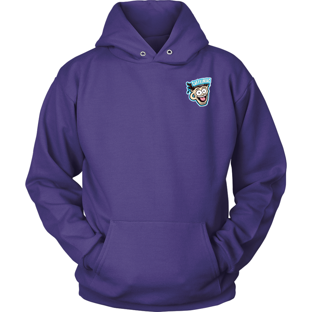 Front view of a purple unisex Hoodie featuring the original Caffeiniac Dude design on the front left chest and full size on the back