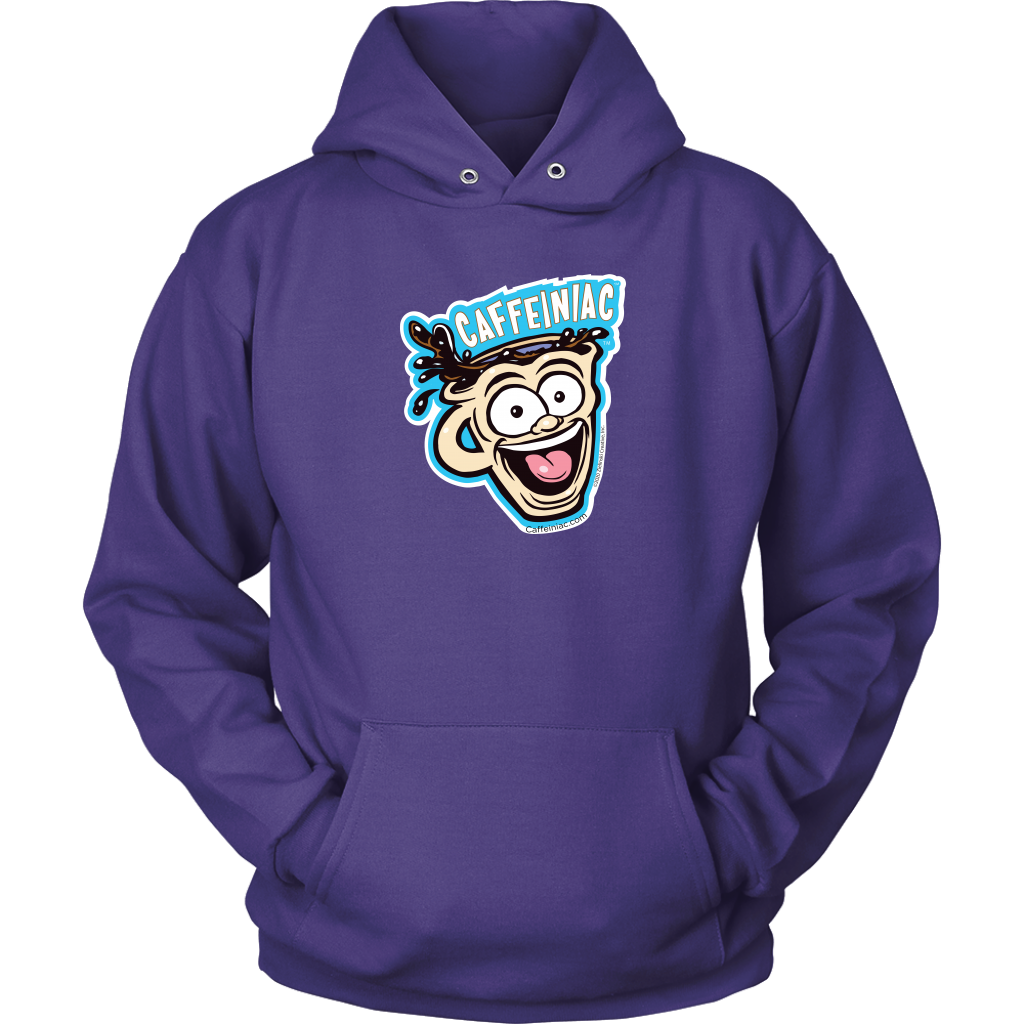 Front view of a purple unisex Hoodie featuring the original Caffeiniac Dude cup design on the front