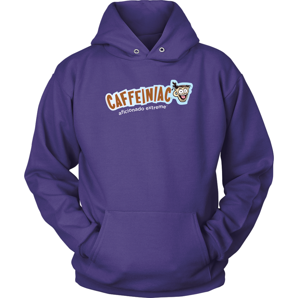 front view of a purple unisex hoodie featuring the caffeiniac aficionado extreme design on the front