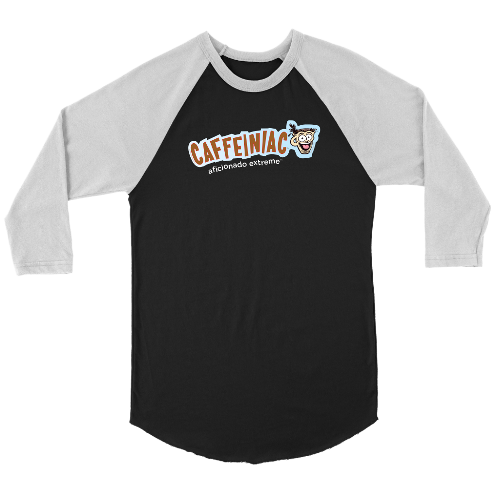 black raglan shirt with light grey sleeves featuring the Caffeiniac aficionado extreme logo on the front