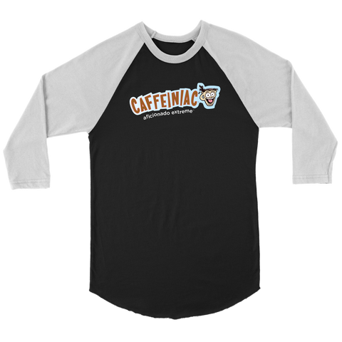 Image of black raglan shirt with light grey sleeves featuring the Caffeiniac aficionado extreme logo on the front