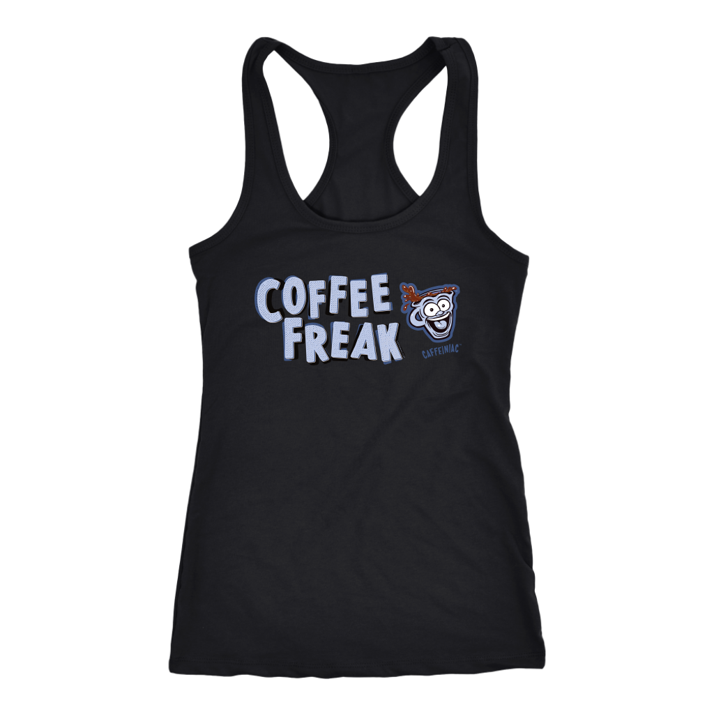 front view of a women's black Caffeiniac tank top with the COFFEE FREAK design in light blue letters