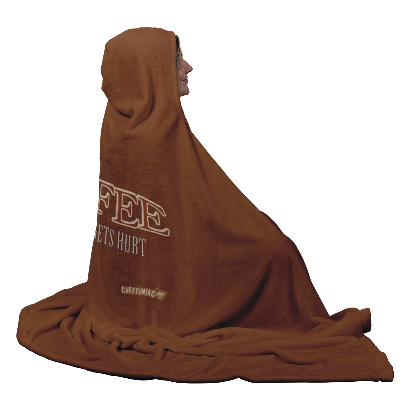 back view of a luxurious hooded blanket featuring the Caffeiniac design COFFEE AND NOBODY GETS HURT