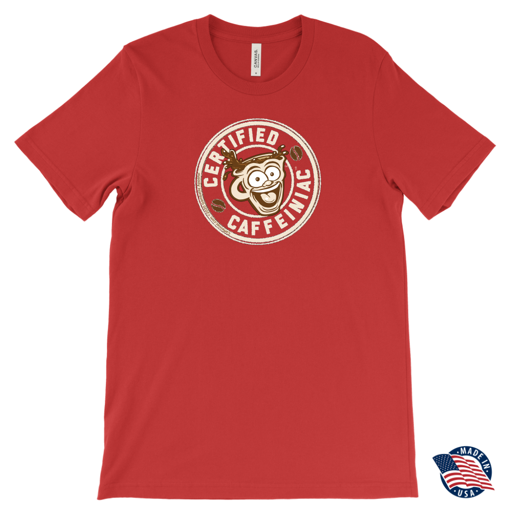 front view of a red Canvas Mens T-Shirt featuring the original Certified Caffeiniac design on the front. Made in the USA