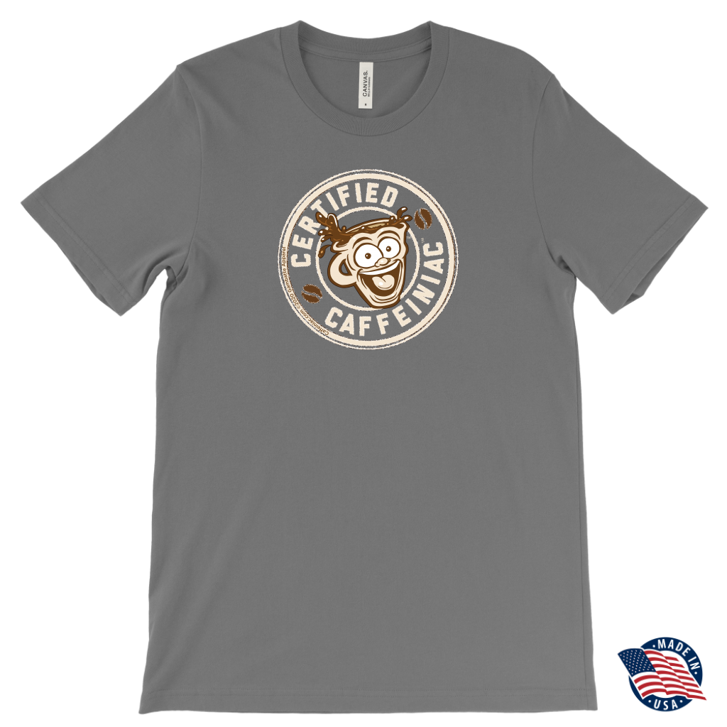 front view of a light grey Canvas Mens T-Shirt featuring the original Certified Caffeiniac design on the front. Made in the USA