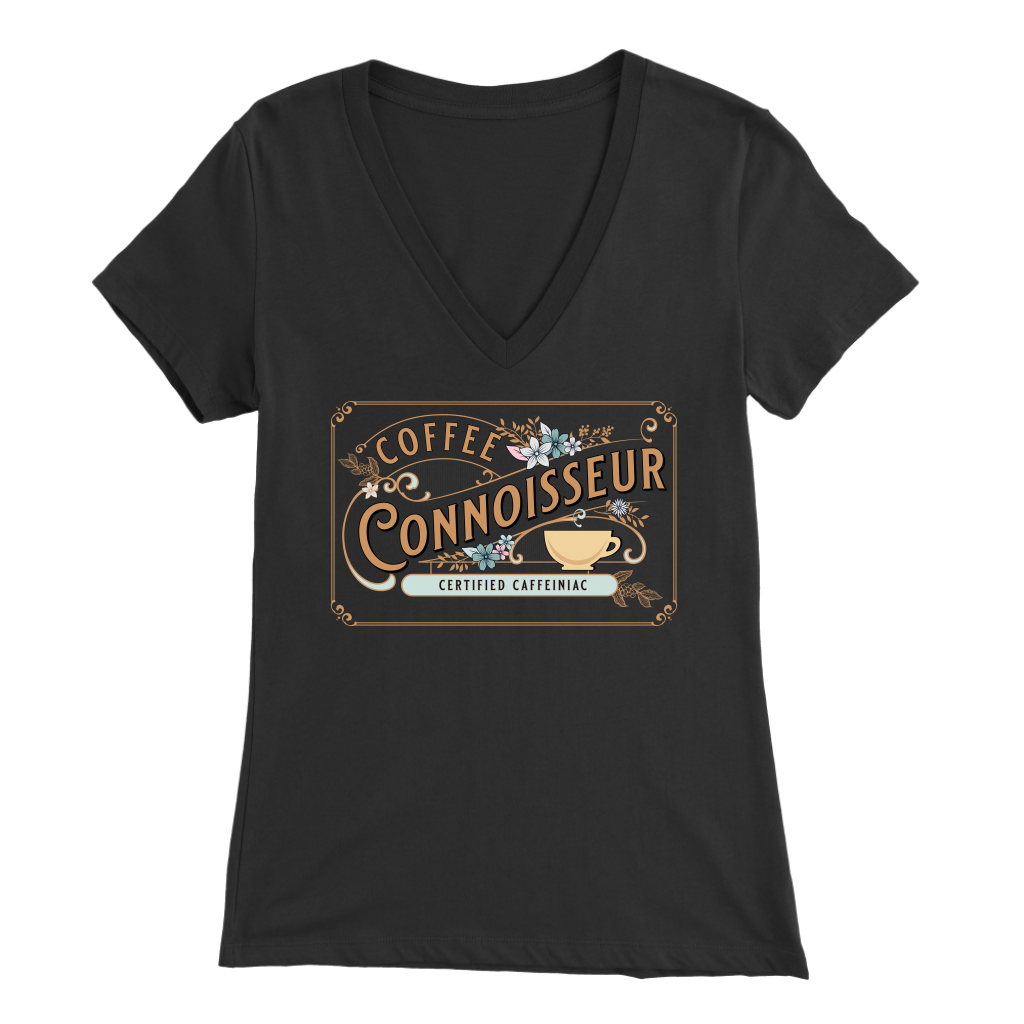 a woman's vintage black v-neck shirt with the Coffee Connoisseur design by Caffeiniac on the front