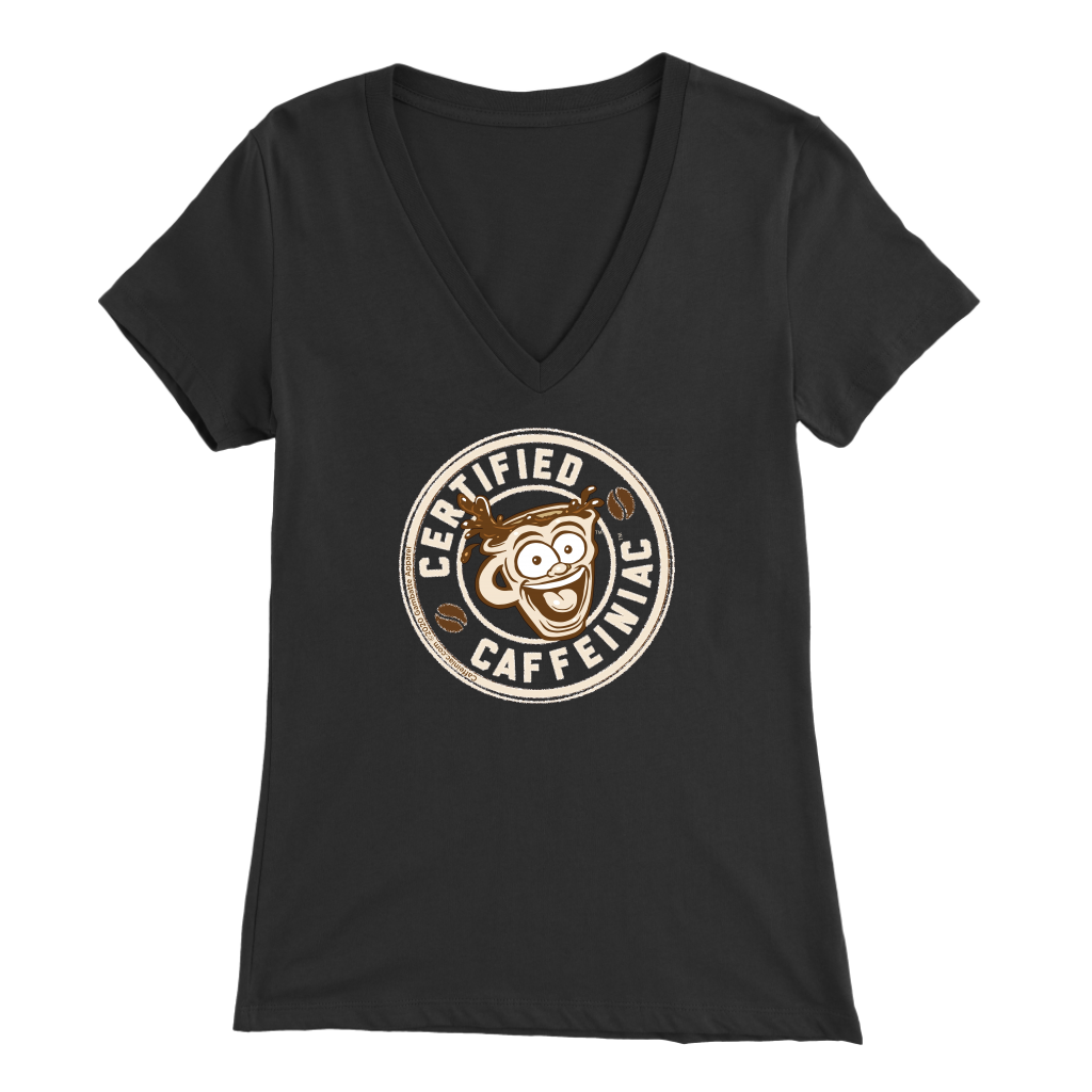 front view of a blak v-neck shirt featuring the Certified Caffeiniac design on the front