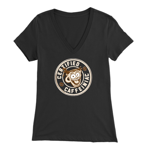 Image of front view of a blak v-neck shirt featuring the Certified Caffeiniac design on the front