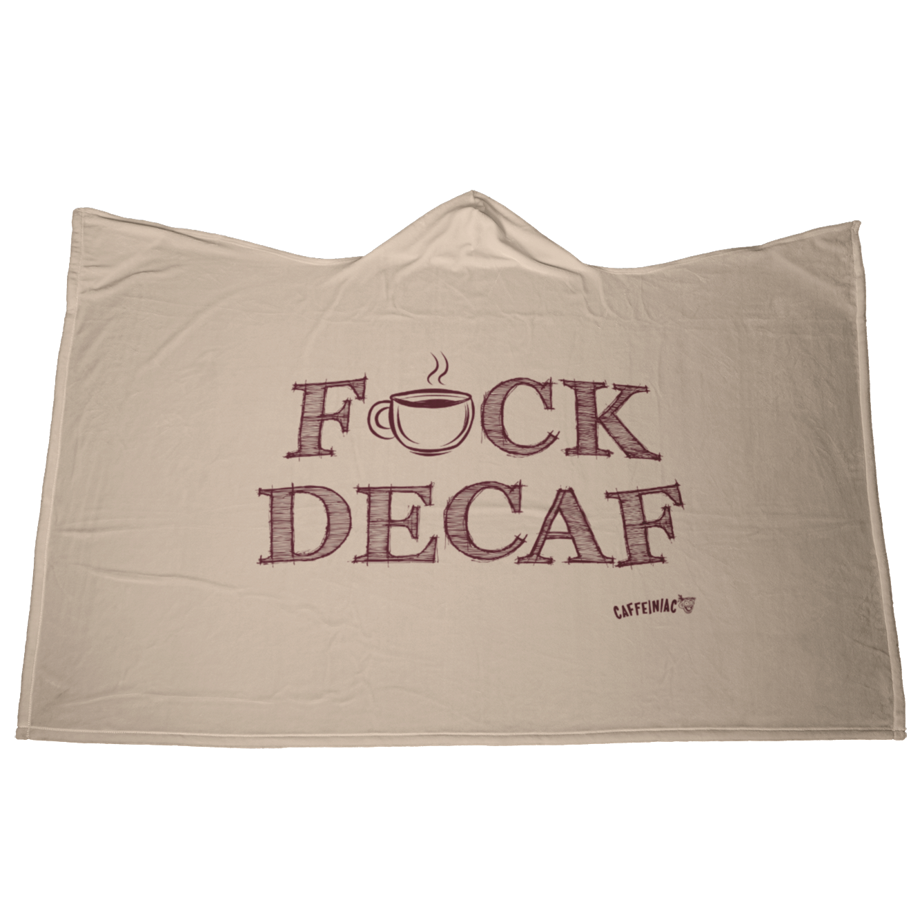 back view of a luxurious hooded blanket featuring the Caffeiniac design F_CK DECAF