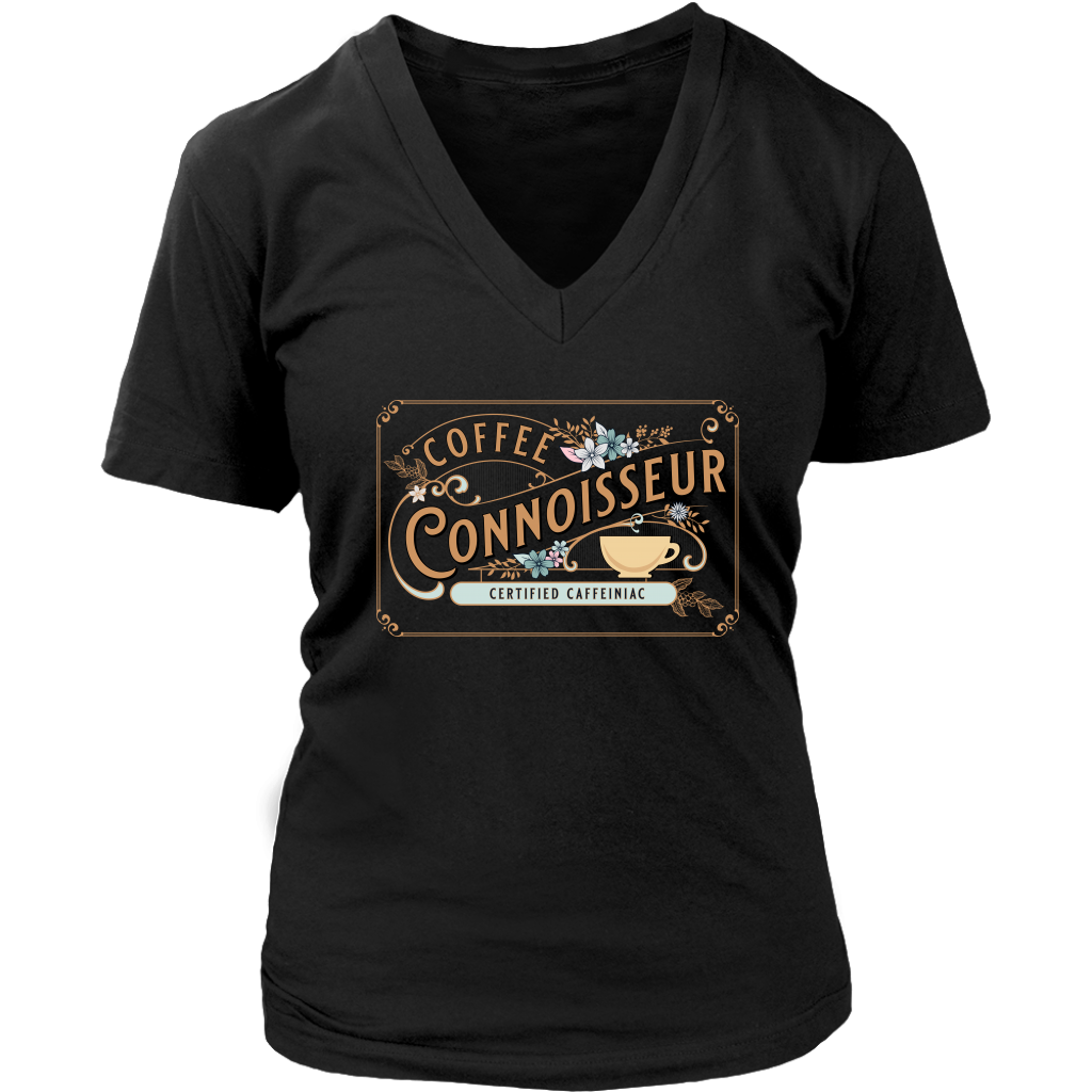 a black v-neck shirt with the coffee connoisseur design by caffeiniac