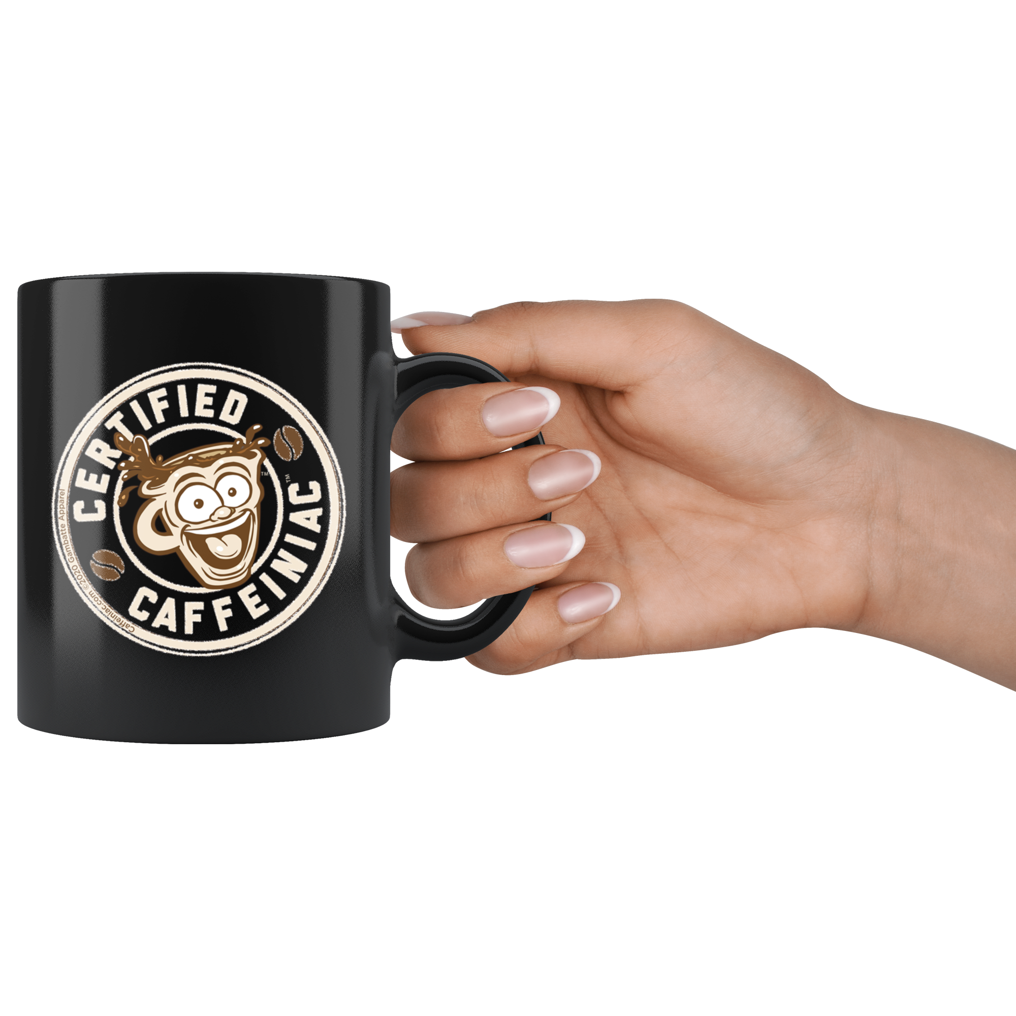 a hand holding a  black coffee mug featuring the Certified Caffeiniac design in tan and brown printed on the front and back