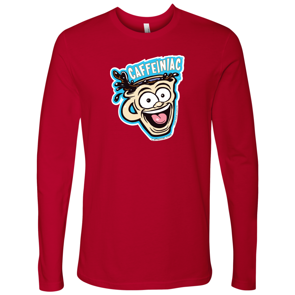 front view of a red Next Level Mens Long Sleeve T-Shirt featuring the original Caffeiniac Dude cup design on the front