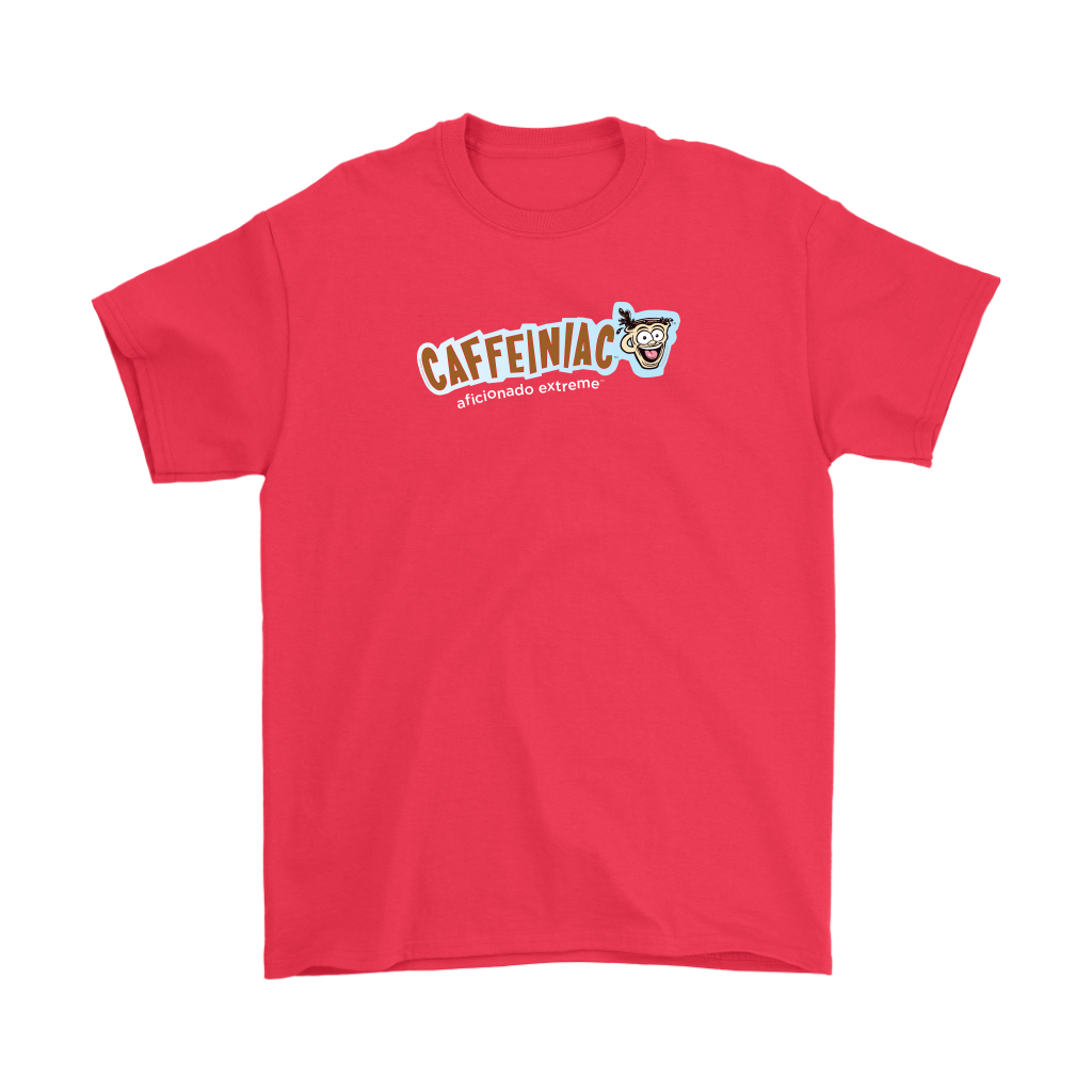 a red Gildan Mens T-Shirt featuring the Caffeinaic aficionado extreme design on the front