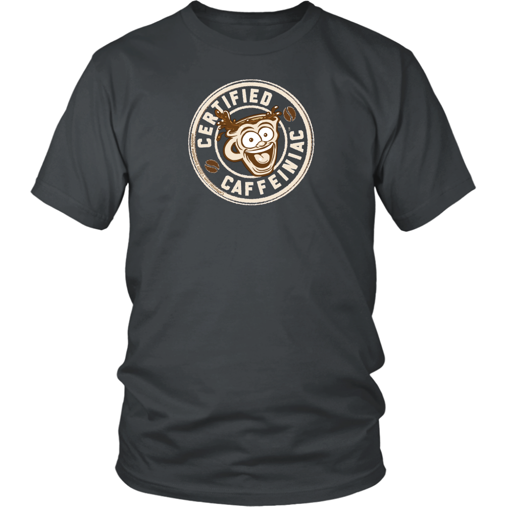 Front view of a men’s grey shirt featuring the Certified Caffeiniac design in tan ink on the front