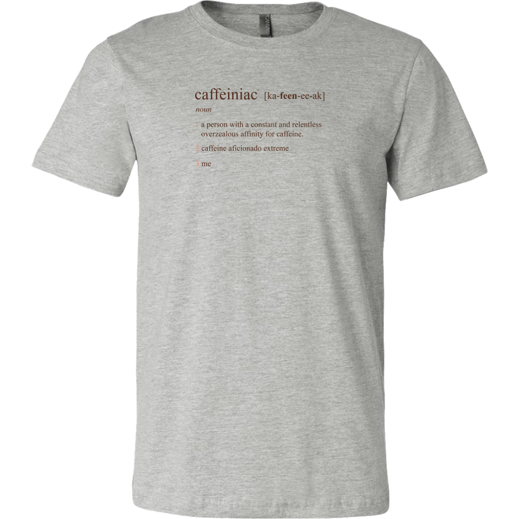 a grey Canvas Mens Shirt featuring the Caffeiniac Defined design on the front