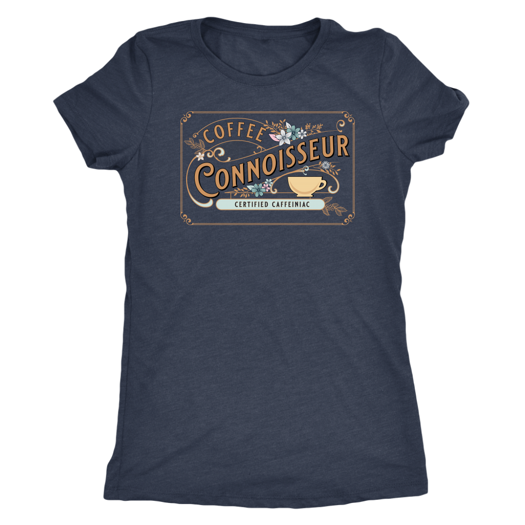 a woman's  vintage blue  t-shirt with the coffee connoisseur design by caffeiniac