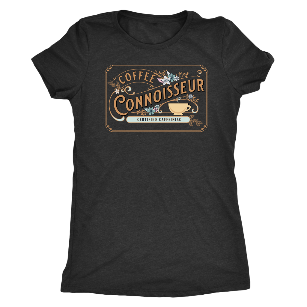 a woman's  vintage black  t-shirt with the coffee connoisseur design by caffeiniac