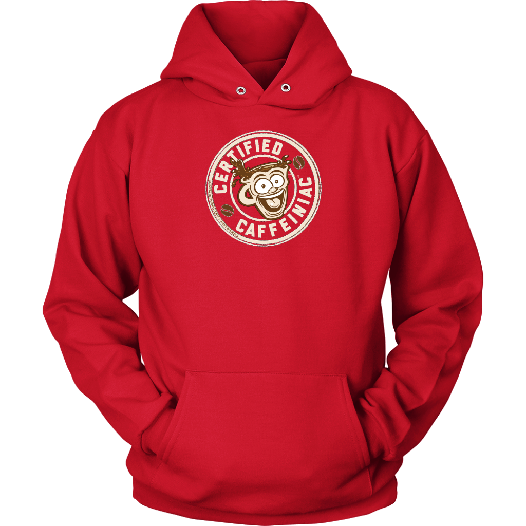 front view of a red unisex hoodie with the Certified Caffeiniac design on front in tan ink
